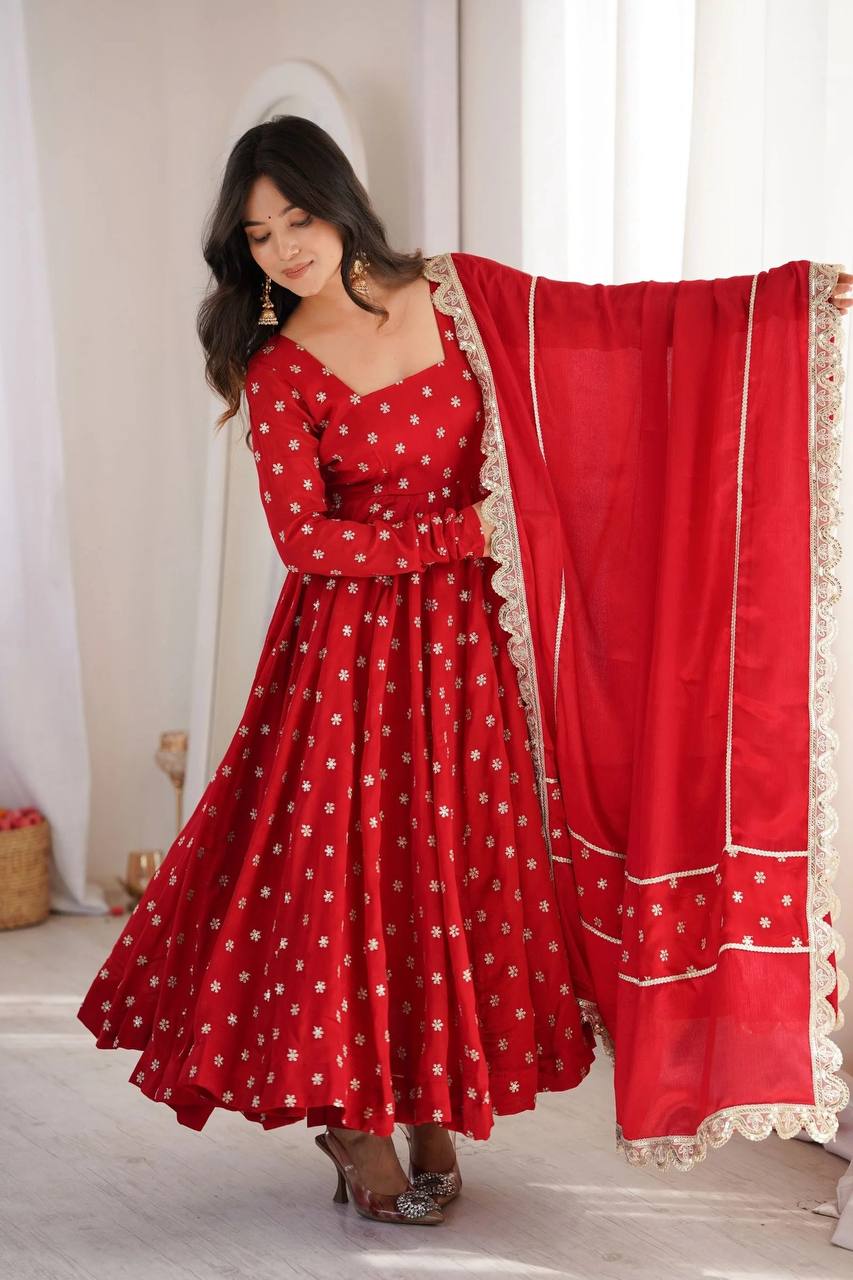 Radiant Crimson Red Flared Anarkali Suit Set Adorned with Delicate Silver Starburst Motifs and an Ornate Scalloped Dupatta